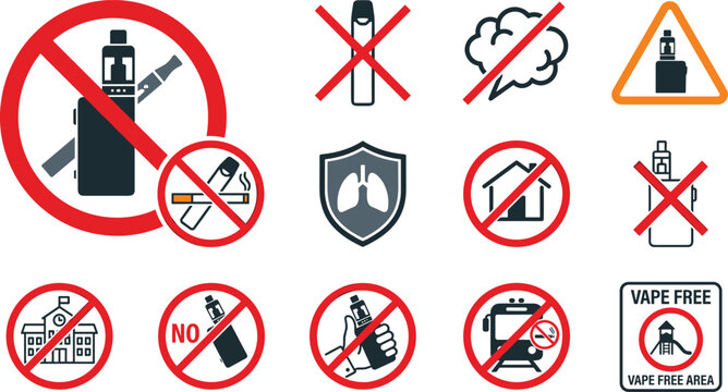 No Vaping and Smoking Ban Sign Set with Electronic Cigarette Prohibited Symbols for Schools, Public Places, Public Transport, and Smoke Fr