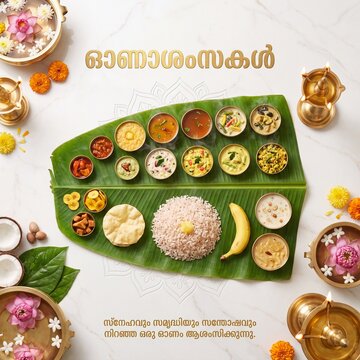 Traditional onam sadya feast served on a large green banana leaf with various south indian curries, rice, pappadum, and banana, surrounded by brass oil lamps and floating lotus flower bowls