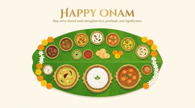 Traditional onam sadya feast served on a large green banana leaf, decorated with vibrant yellow and white marigold flower garlands, featuring various south indian curries, rice, and papadum
