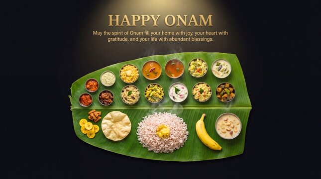 Traditional onam sadya feast served on a large green banana leaf, featuring steamed rice, assorted vegetable curries, fried chips, papadum, and a ripe banana against a dark background