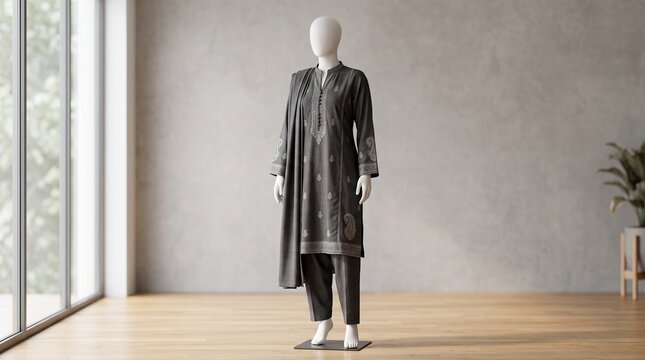 Traditional South Asian salwar kameez on female mannequin, elegant charcoal grey embroidered ethnic wear, modest fashion display in minimalist studio
