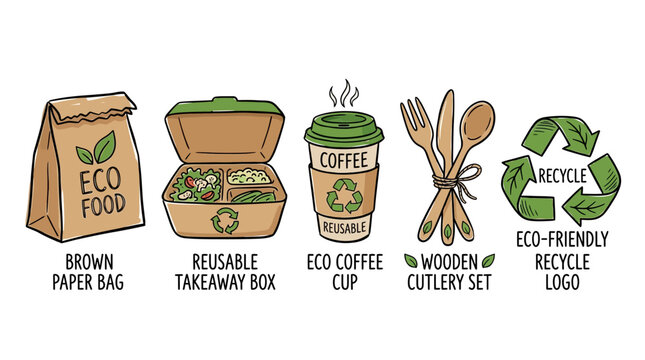 Eco-friendly vector illustration pack shows reusable items for daily use