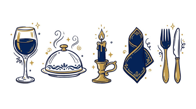 Elegant dinner table setting with wine glass, covered dish, candle, napkin, fork, and knife in a vector illustration pack.