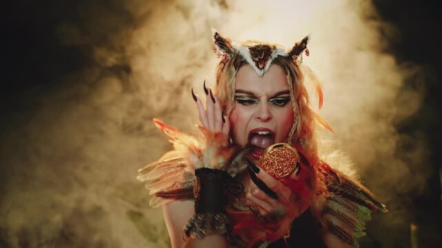 Fantasy woman looking at reflection in magical mirror posing screaming in horror, in dark night forest moon light. evil gothic fairy bird costume sexy face eyes lips fairy tale elf girl. art video 4k