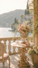 Obraz premium Elegant terrace with floral decor overlooking serene waters, ideal for mobile wallpaper.
