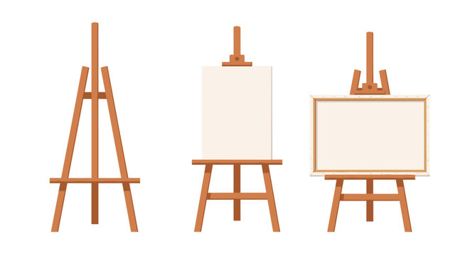 Set of three professional wooden artists' easels including an empty frame, a vertical canvas, and a horizontal canvas.
