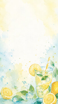 A glass of lemonade with lemon slices and mint in watercolor style, in yellow and green tones, for summer-themed drinks with a space to copy