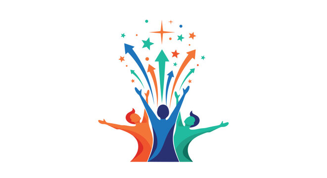 Creative community logo design featuring three abstract figures with colorful arrows and stars rising upwards.