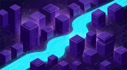Digital Cityscape Illustration with Scattered Deep Violet Rough Cast Metal Cubes and Bright Cyan River, Abstract Geometric Urban Landscape with Sharp Architectural Forms and High Contrast Lighting © Zalfastudio