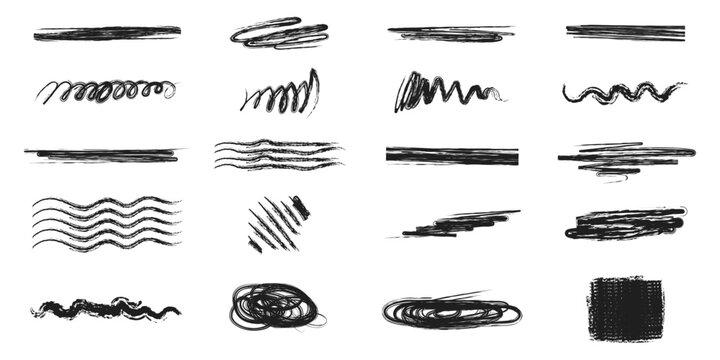 Black, red and white underline chalk brush strokes with pencil line crayon texture for hand drawn designs and markings. Rough wavy zigzag patterns or straight horizontal elements on isolated  back.
