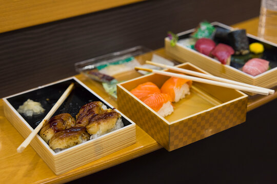 Sushi Selection in Bento Box during train journey in Japan