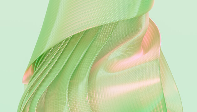 Abstract Green Silk Ribbon Waves With Pastel Pink Highlights
