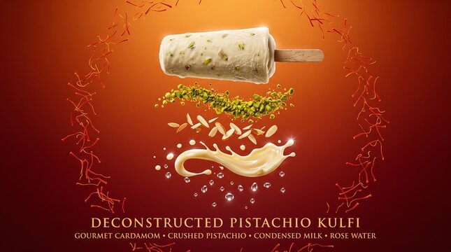 Deconstructed Pistachio Kulfi with Floating Ingredients for Premium Frozen Dessert Advertising