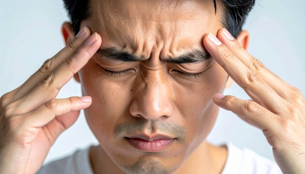 Man with headache and migraine pain holding his temples with eyes