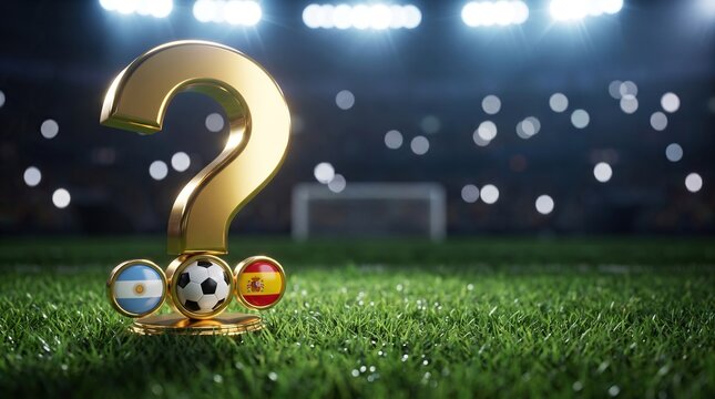 Large golden question mark trophy with Argentina and Spain flag icons on soccer pitch, blurred stadium background with bokeh lights, sports prediction concept.