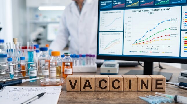 Vaccine administration trends data on computer screen, medical research laboratory with wooden blocks, pharmaceutical vaccine development and analytics