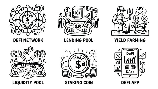 Set of hand drawn icons representing decentralized finance and crypto concepts