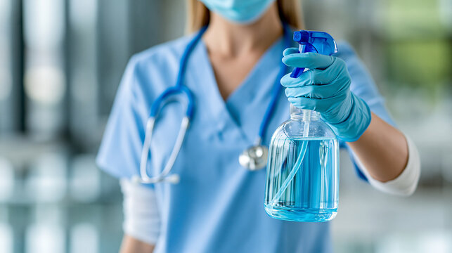 Faceless healthcare professional spraying disinfectant on medical tools and surfaces ensuring vital hygiene sterilization and infection control in clinic, medical sanitation