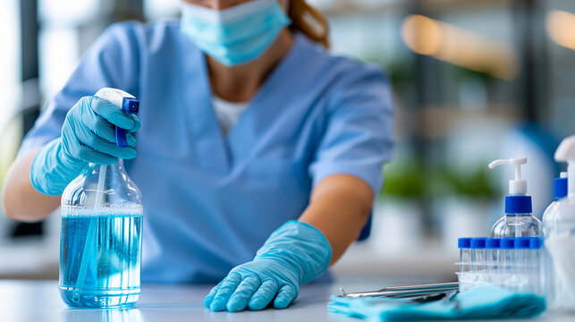 Faceless healthcare professional spraying disinfectant on medical tools and surfaces ensuring vital hygiene sterilization and infection control in clinic, medical sanitation