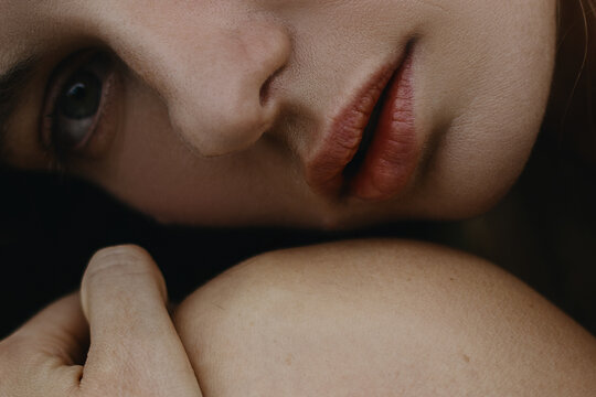 Woman's Close up natural Portrait of lips & eye