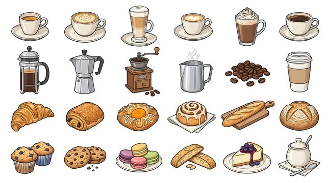 Cute breakfast caf&eacute; elements vector set. Dessert, bread, coffee cup, grinder, and sweet pastries illustrations in hand drawn style.