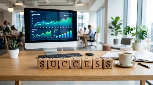 Business success concept with wooden blocks on office desk, financial data analytics on computer screen, modern corporate workspace background