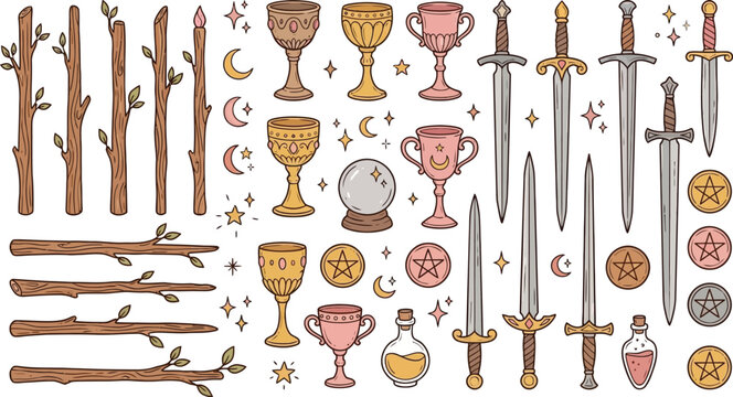 Complete Collection of Hand Drawn Mystical Minor Arcana Tarot Card Doodle Vector Illustrations Including Wands Cups Swords and Pentacles for Esoteric Magic Occult Spiritual Design Projects