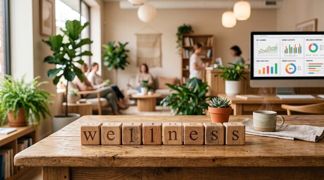 Wellness wooden blocks on office desk, corporate health and wellbeing concept, business data dashboard on computer screen in modern green workspace