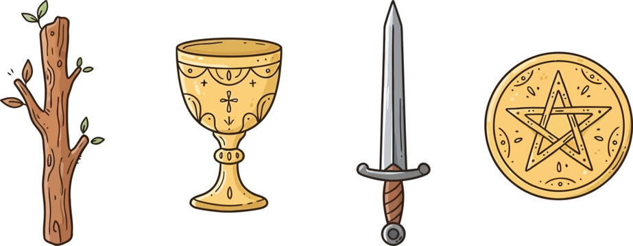 Artistic vector doodle illustration of minor arcana tarot cards featuring traditional suits of wands cups swords and pentacles set in a mystical hand-drawn style for divination and occult design
