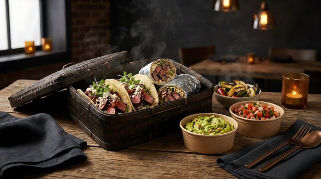 Fresh delicious tacos in a black lunch box with side bowls of vegetables on a rustic wooden table. mexican takeout