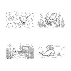 Coloring book pages set with cute underwater animals and ocean scenes including narwhal whale squid and starfish near treasure chest for kids creative activities and educational drawing hobby. © Fatema