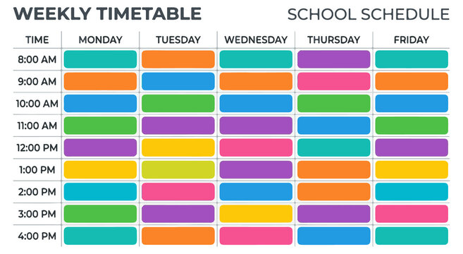 Vibrant weekly timetable and school schedule template for organization and planning.