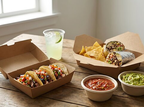 Delicious mexican food in cardboard boxes with tacos burritos nachos and guacamole on wooden table. mexican takeout