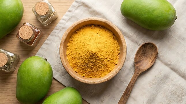 A wooden bowl filled with fresh mango powder surrounded by raw green mangoes on a rustic kitchen table.
 mango powder