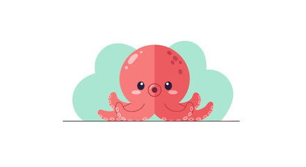 A cute pink octopus cartoon character illustration with big eyes sitting on a dark line on a light green background. © Lx