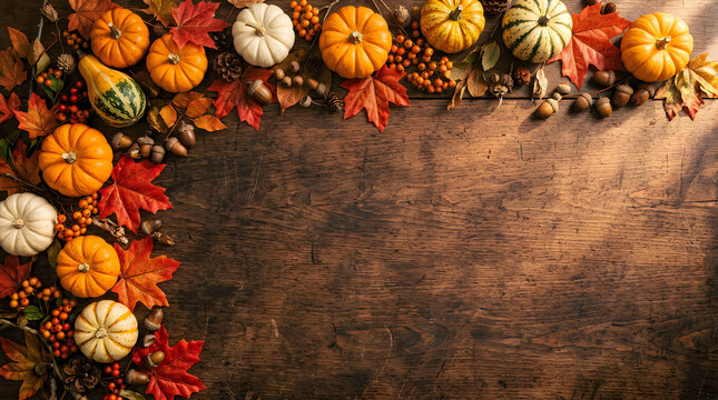 Autumn pumpkins and colorful fall leaves on a rustic dark wooden background border