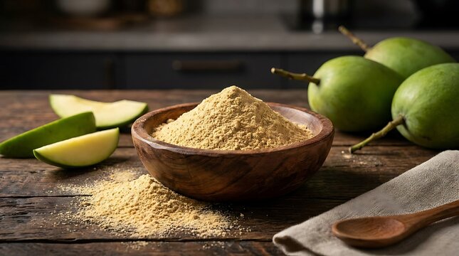 Raw green mango powder in a wooden bowl with fresh green mangoes on a dark rustic wooden table. mango powder