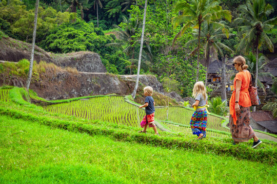 Mother and child walk along flooded lush rice terraces in Bali, wearing traditional sarongs, enjoying tropical nature and travel moments during a cultural family journey in Gunung Kawi in Indonesia.