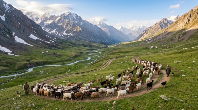Herder Leading Flock Through Mountain Valley and River