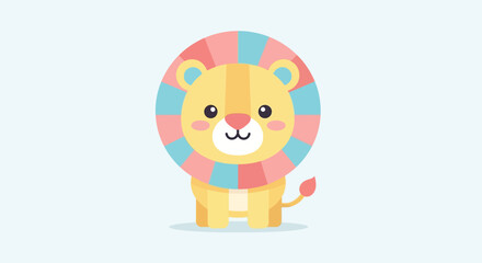 Lion character with geometric circular mane vector illustration using bright blue and pink colors for modern nursery print. © Lx