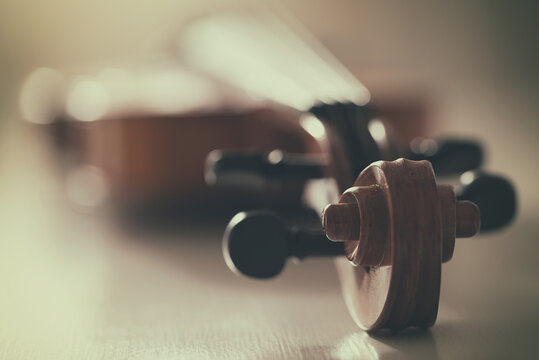 Close-up defocussed view of a violin on a table