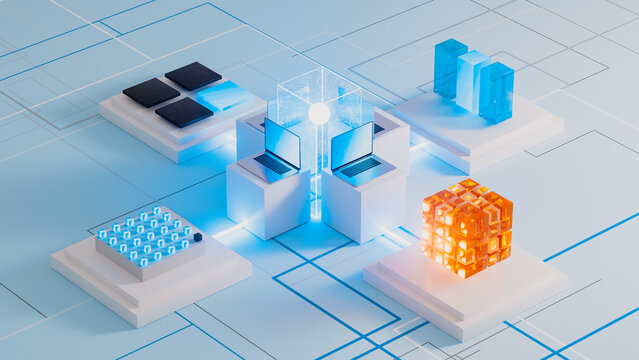 Futuristic technology network with data and laptop elements present