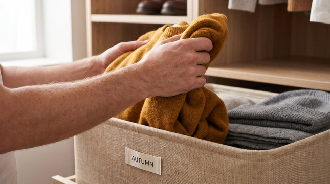 Close up of hands organizing seasonal clothing in closet, swapping or packing warm clothes for season change