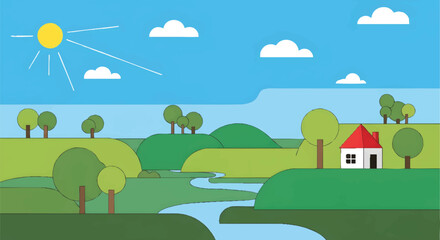Obraz premium Flat Design Vector Landscape with Rural House, River, and Green Hills