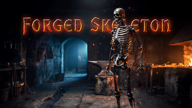 Skeleton standing on a wooden block in a dark medieval forge with an anvil and fire pit  fantasy scene