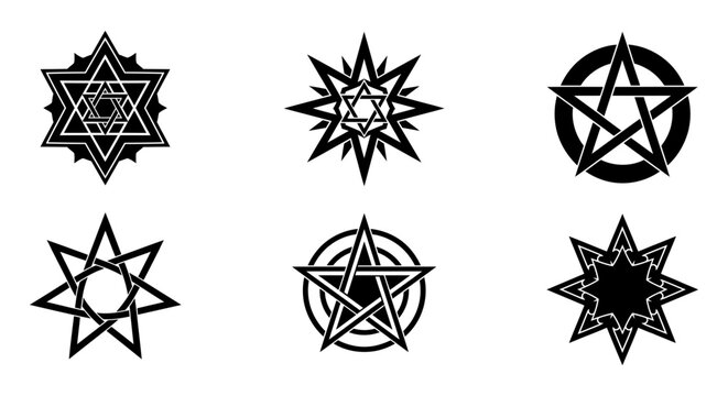 Black star and pentagram symbols set occult vector icons