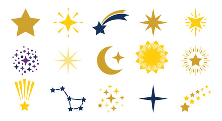 Golden and blue star icons set with moon and shooting stars © Limon