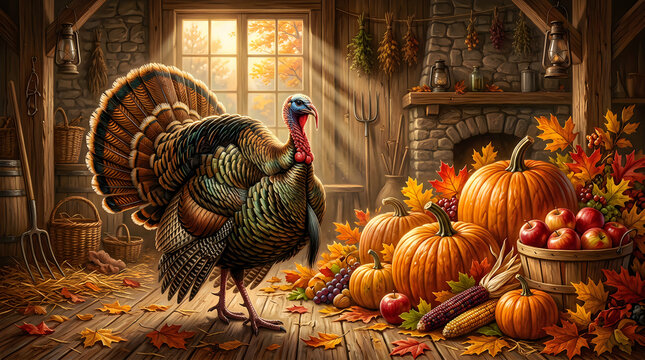 A turkey standing in a rustic barn with pumpkins and autumn harvest vegetables for thanksgiving