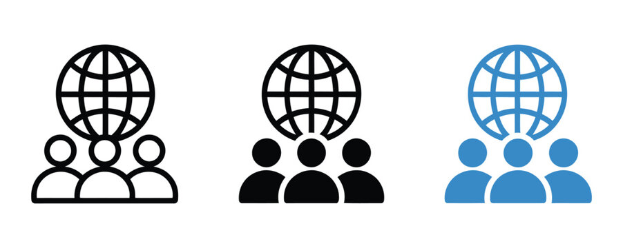 Global community icon collection with outline solid and colored variations for teamwork collaboration social network and global connection