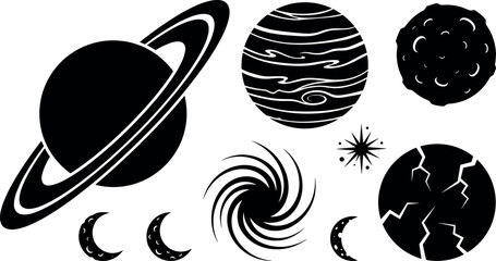 Black Space Celestial Silhouette Collection with Ringed Planet Galaxy Moons Stars and Cosmic Universe Elements Editable Vector Set © Shasa icon studio